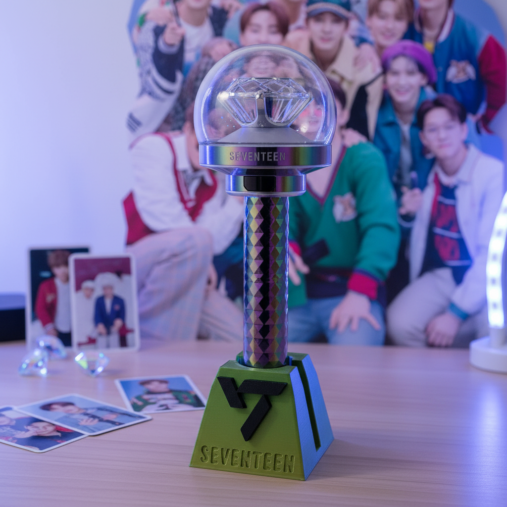 Seventeen Lightstick Holder – Fanmade 3D-Druck Halter mit originalem Seventeen Caratbong Lightstick auf K-Pop Fan-Schreibtisch mit blau-lila LED-Licht