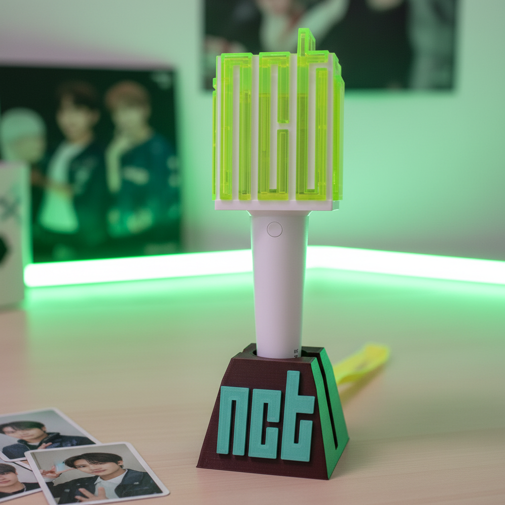 NCT Lightstick Holder Pyramid – Fanmade 3D-Druck Halter mit originalem NCT Dream Lightstick auf K-Pop Fan-Schreibtisch mit neongrünem LED-Licht