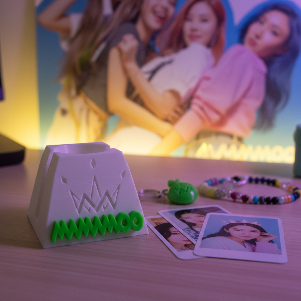 Mamamoo Lightstick Holder Pyramid auf K-Pop Fan-Schreibtisch mit gelbem LED-Licht