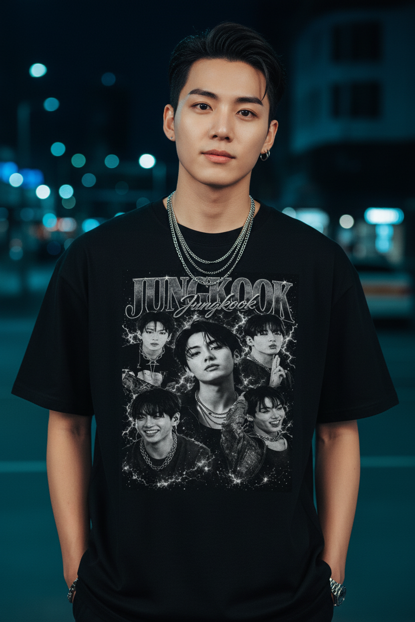 Jungkook BTS Unisex T-Shirt Vintage B&W – K-Pop ARMY Fanmade | S–5XL