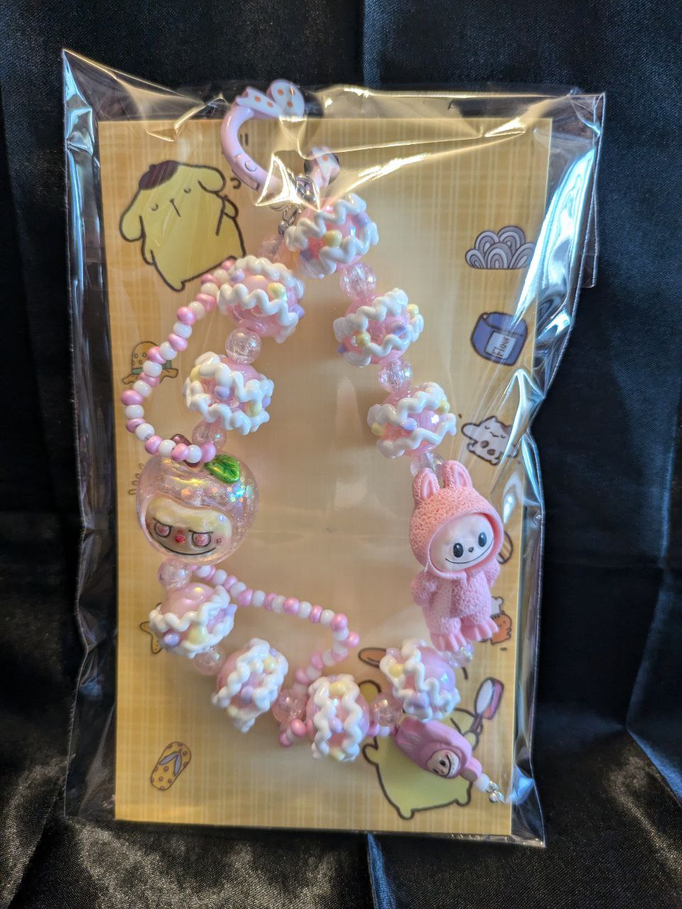 Cute Rosa Labubu Apel Princes umbrella Phonechain, Taschen und Keychain